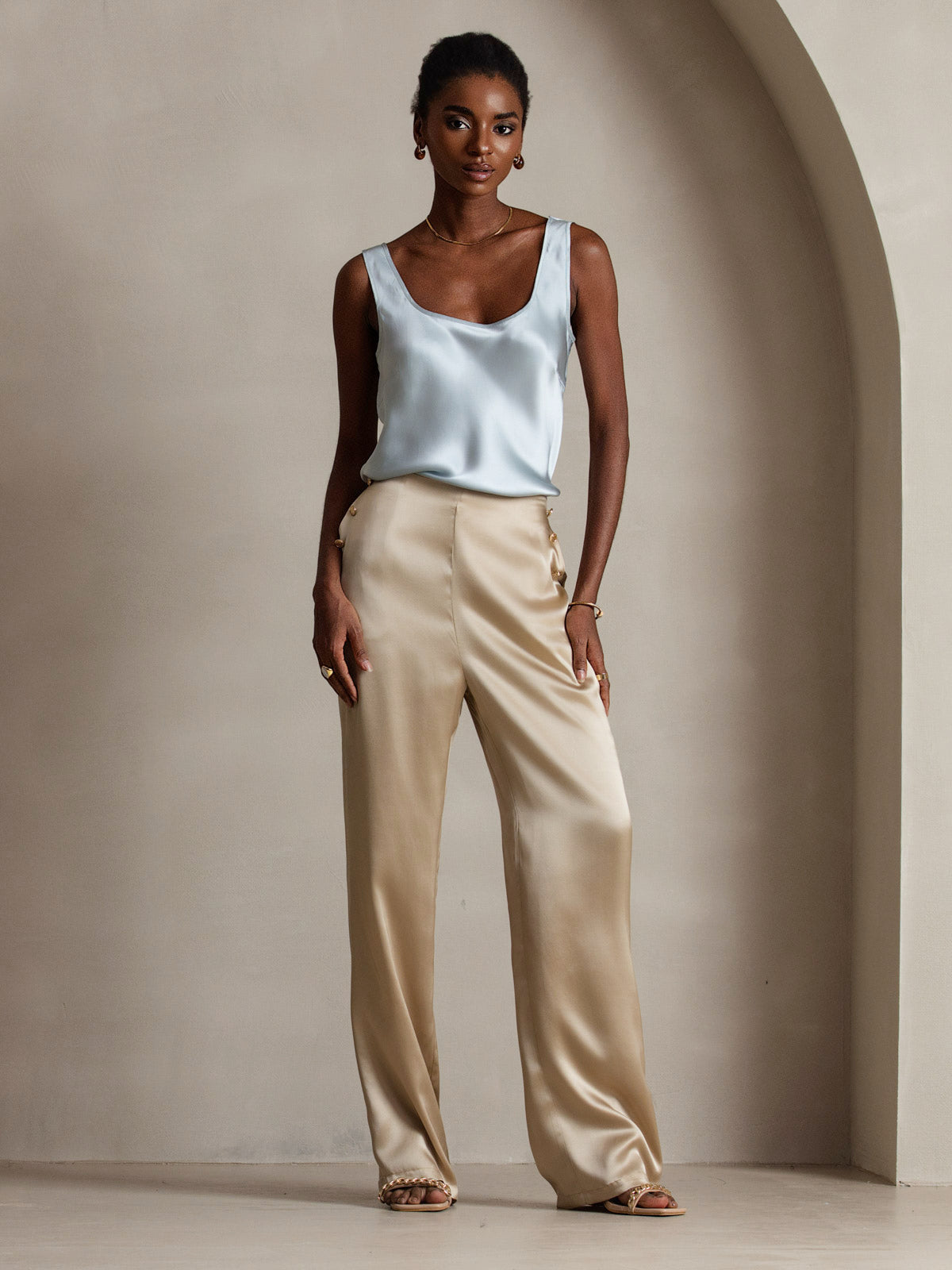 [Ljusblå] SilkSilky-SE 19Momme Ärmlös Djup Rund Halsringning Cami Toppar 007