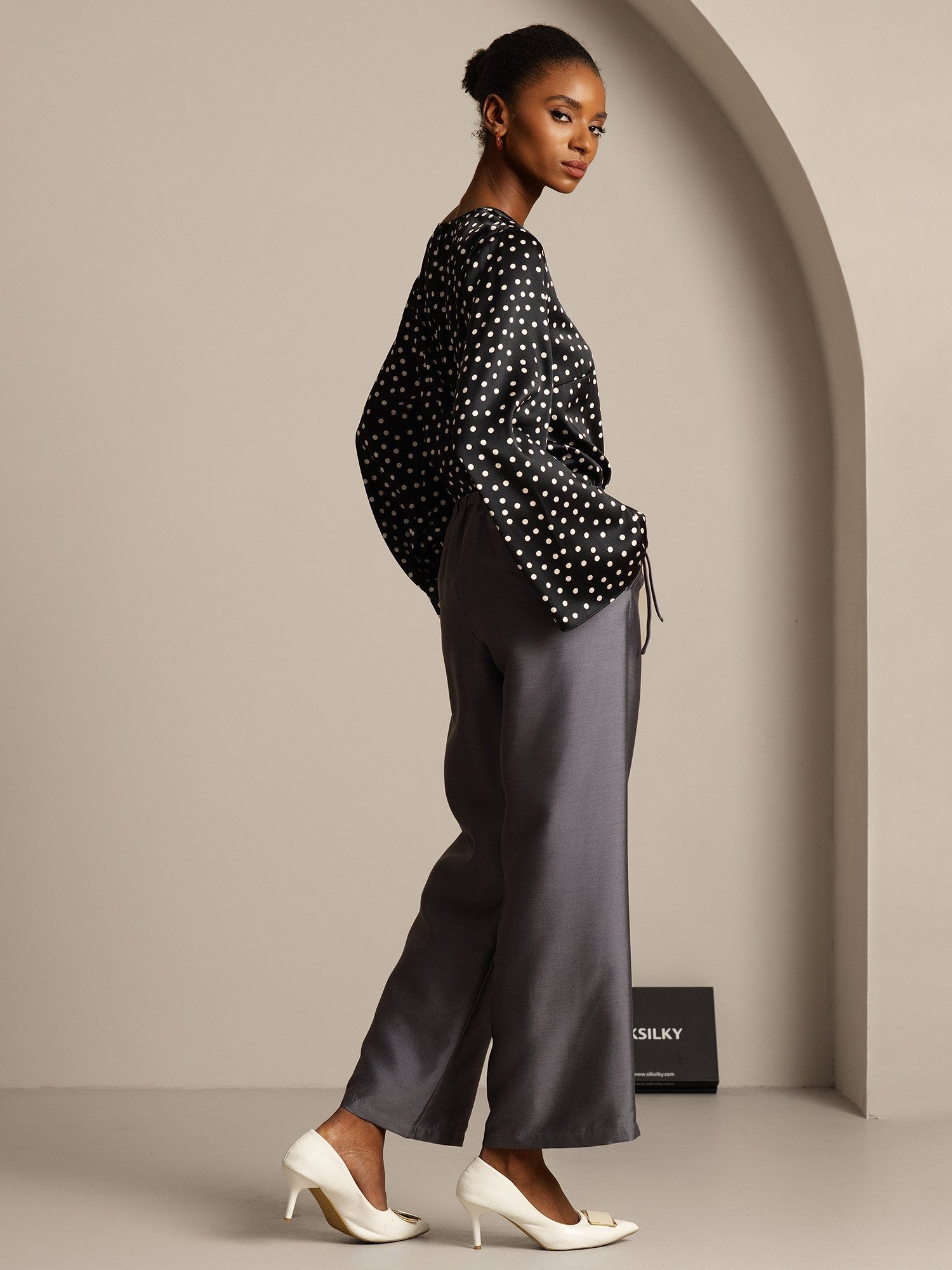 [Grå] SilkSilky-SE 32Momme Silk-Wool Blend Womens Pants 007,