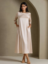[Beige] SilkSilky-SE 3/4 Sleeve Round Neck Klänning 001