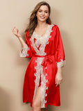 SilkSilky SE Rent Silke 3/4 Ärm Nightgown&Robe Set Röd 004