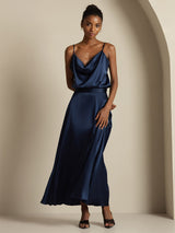 [Mörkblå] SilkSilky-SE 19Momme Spaghetti Rem Cowl Halsringning Women''s Outfit Sets 004