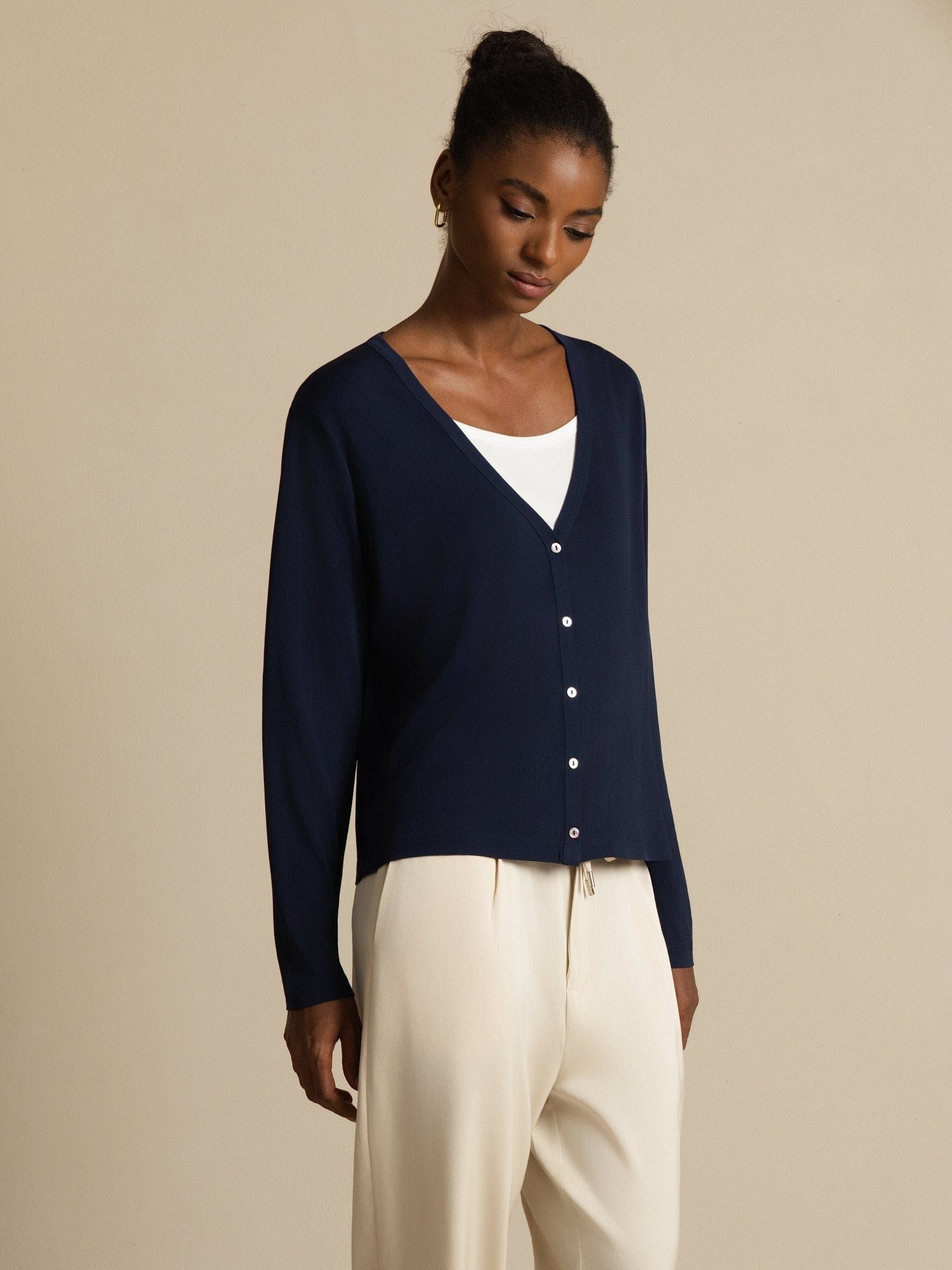 [Mörkblå] SilkSilky-SE Long Sleeve Dam Cardigan 001