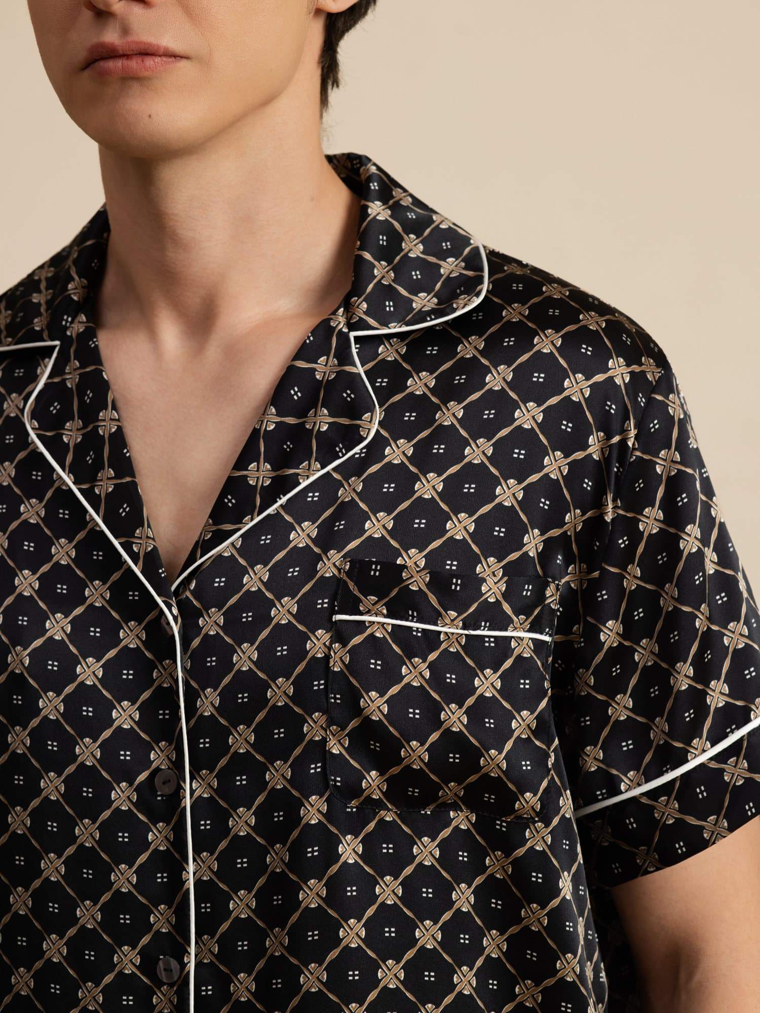 [Svart Kedja] SilkSilky-SE Kort Ärm Notchkrage Herr Pyjama 004