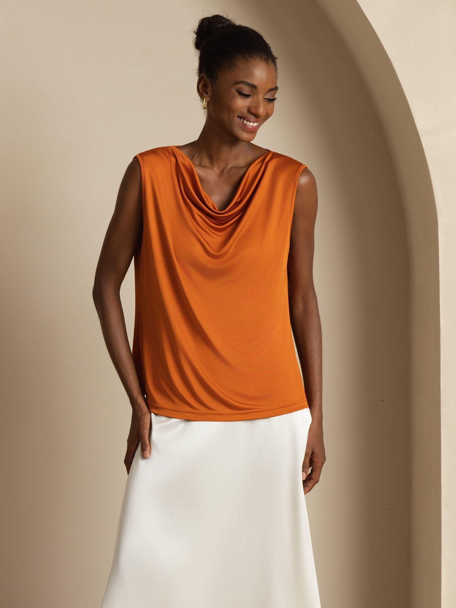 [Orange] SilkSilky-SE Ärmlös Cowl Halsringning Dam T-Shirt 001