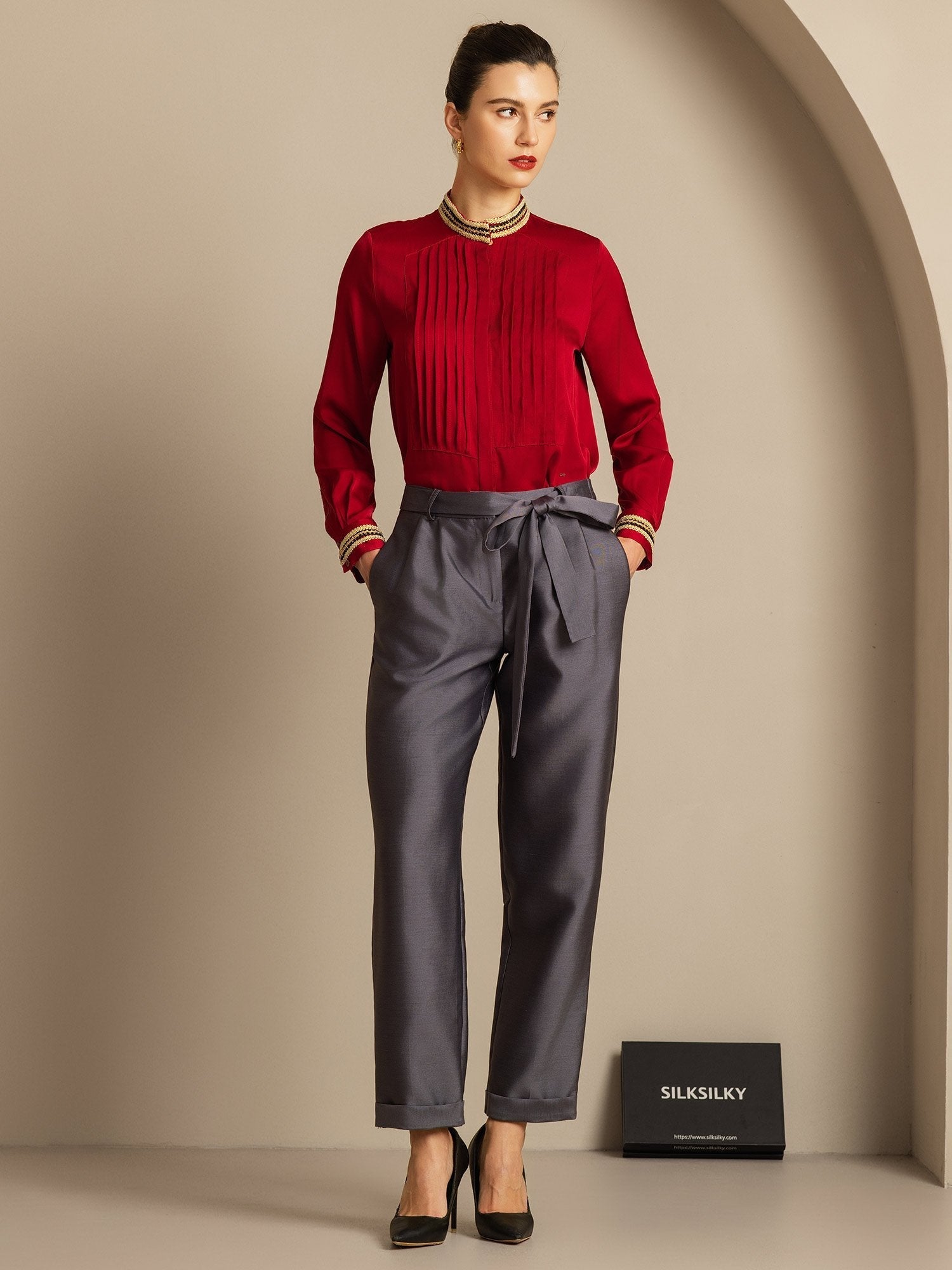 [Grå] SilkSilky-SE 32Momme Silk-Wool Blend Womens Pants 008,