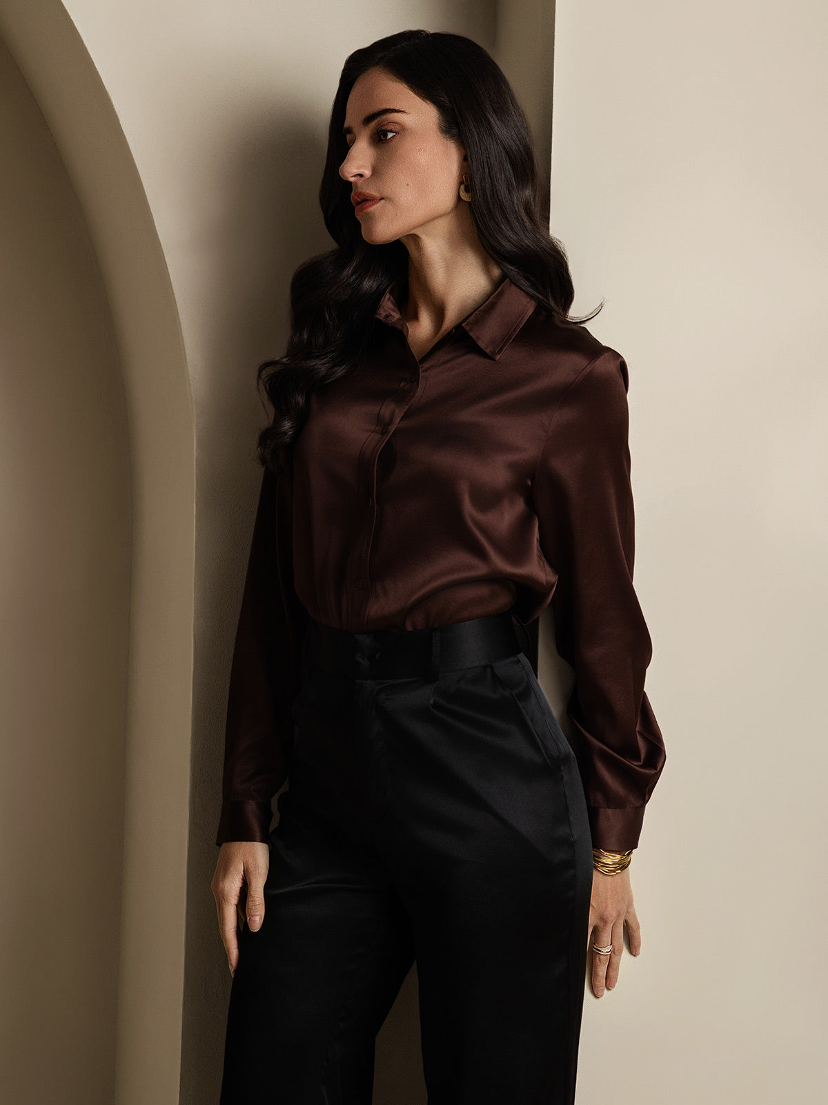 SilkSilky-SE 19Momme Silke Lång Ärm Krage Damskjorta Kaffe 006