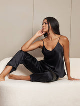 [Svart] SilkSilky-SE Spaghetti Rem V Ringning Camisole Set 001