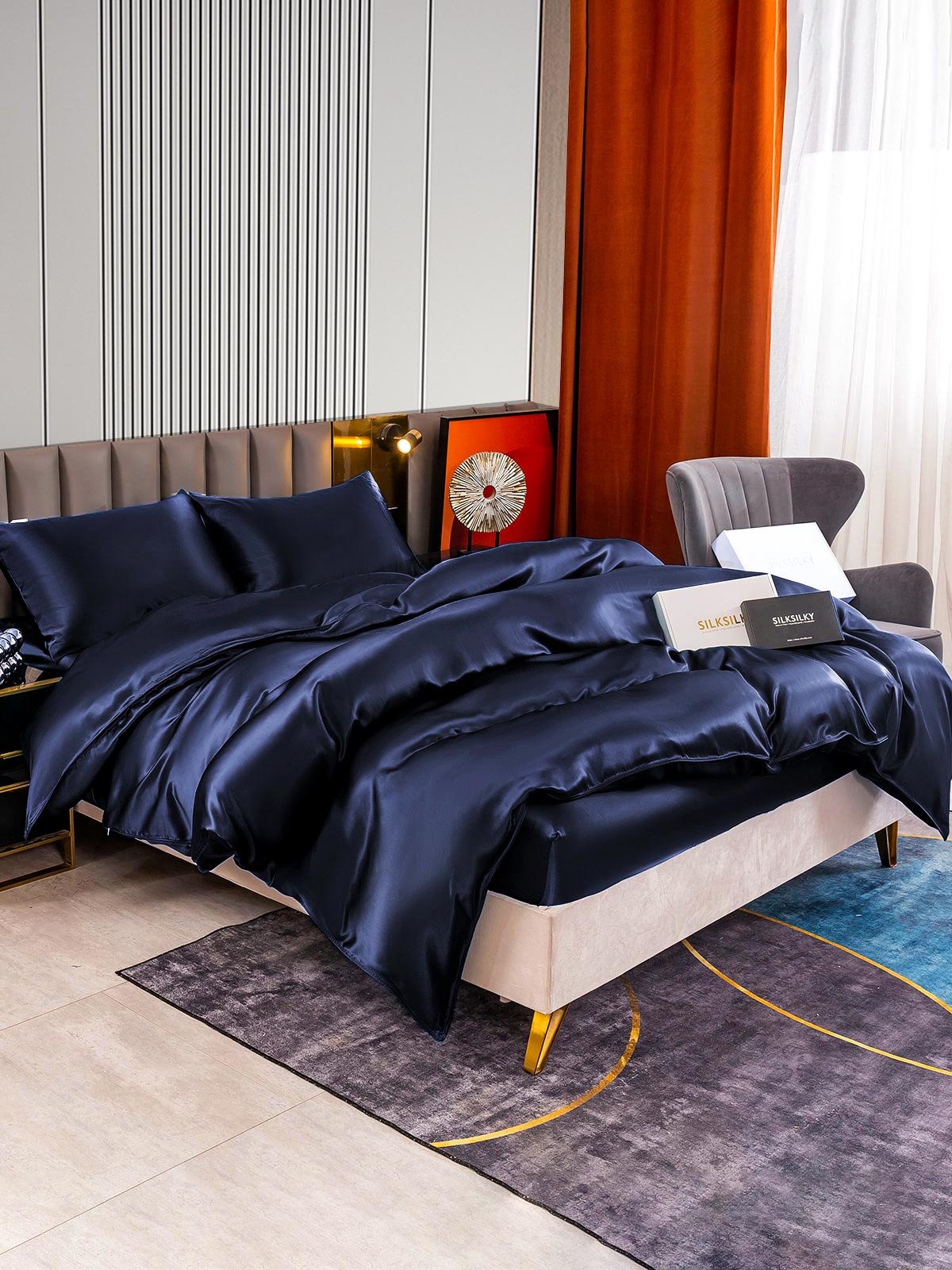 SilkSilky SE 22Momme Rent Silke Bedding Set Mörkblå 003