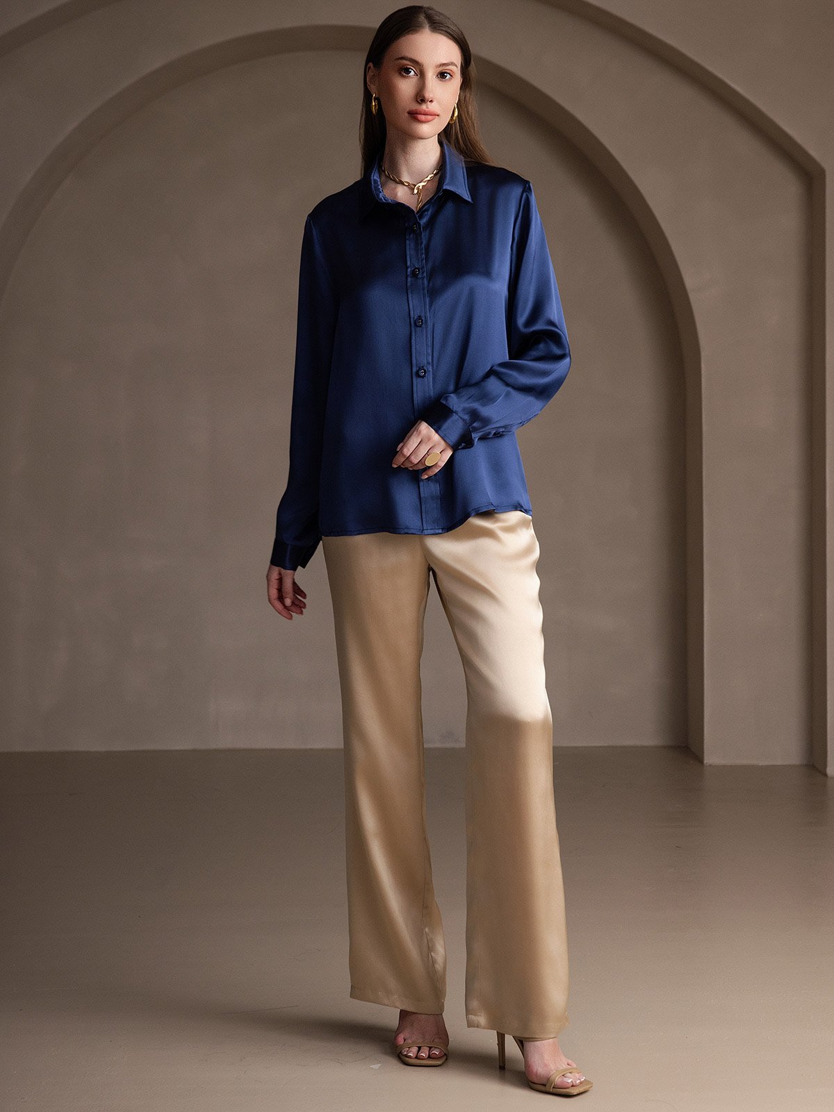 [Mörkblå] SilkSilky-SE 19Momme Lång Ärm Slagkrage Damskjorta 007