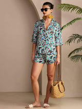 [Blågrön Botanisk] SilkSilky-SE Short Sleeve Notch Collar Dam Pyjama 005