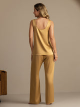 [Tan] SilkSilky-SE 19Momme Ärmlös Djup Rund Halsringning Dam Pyjama 002