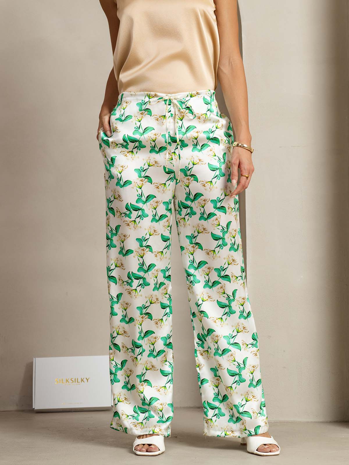 [Grön Blommor] SilkSilky-SE 19Momme Silke Womens Pants 003