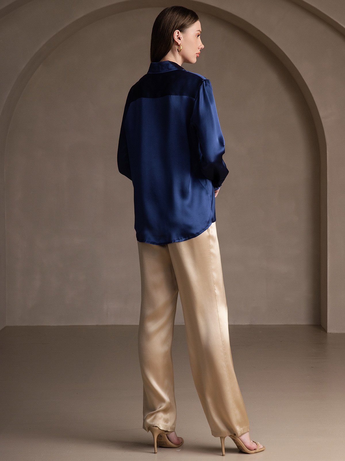 [Mörkblå] SilkSilky-SE 19Momme Lång Ärm Slagkrage Damskjorta 002