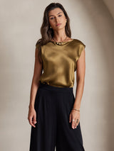 [Brun] SilkSilky-SE Cap Sleeve Round Neck Dam T-Shirt 003