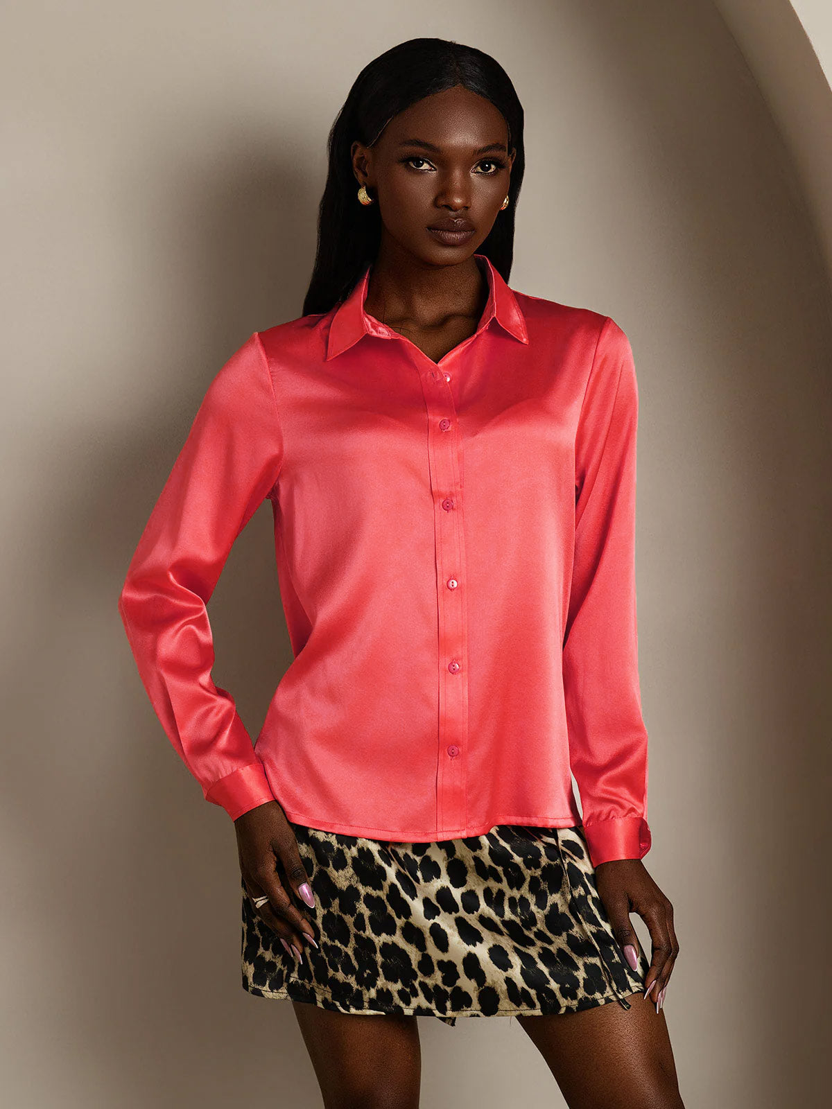 [Kejserligt Röd] SilkSilky-SE 19Momme Lång Ärm Slagkrage Damskjorta 001