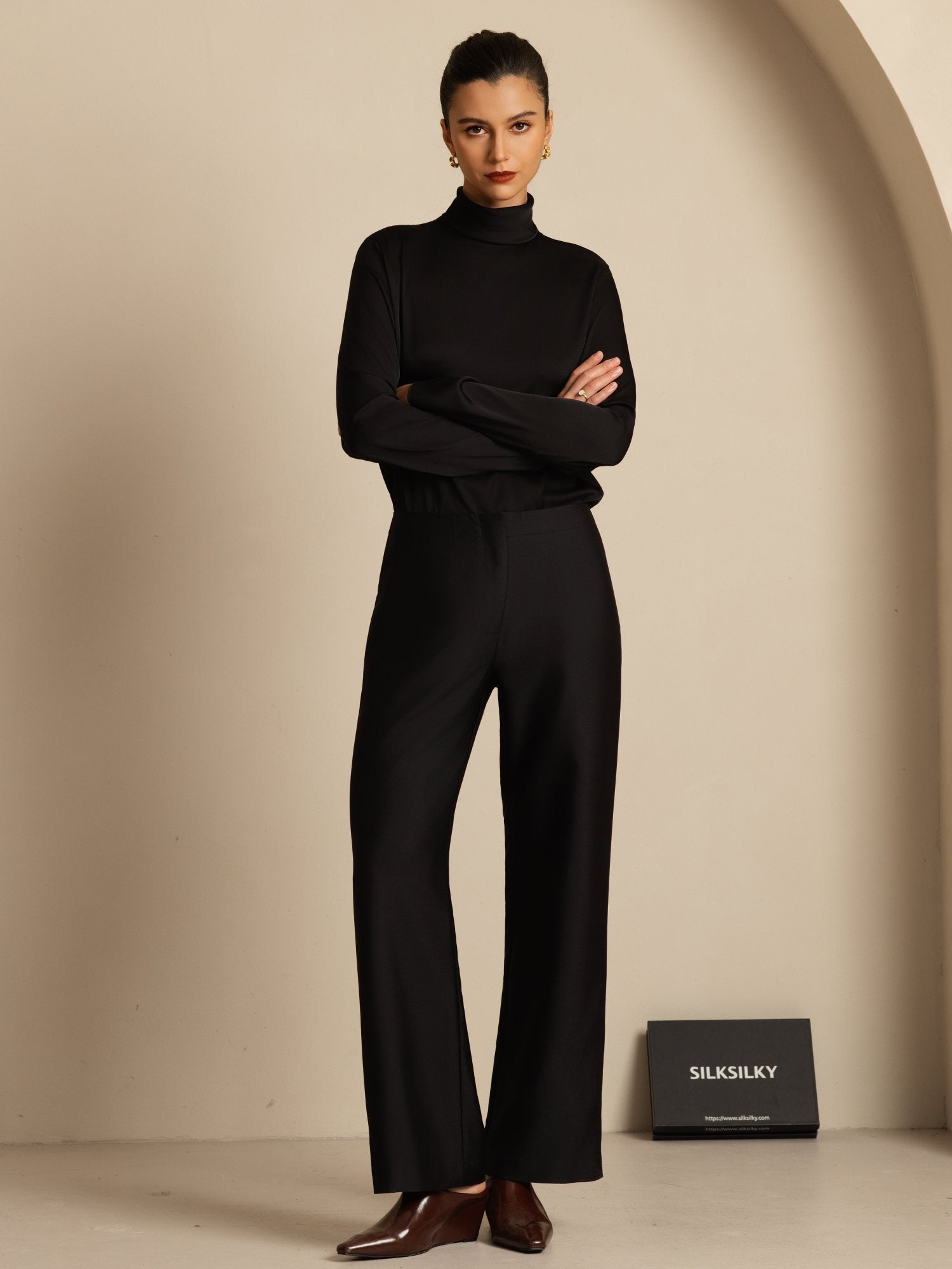 [Svart] SilkSilky-SE 19Momme Silke Lång Ärm Polotröja Dam T-Shirt 006