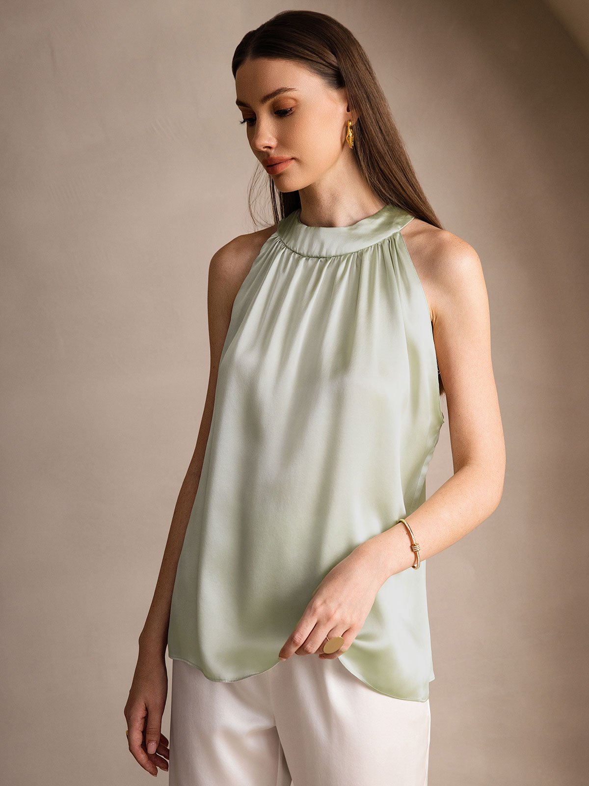 [Ljusgrön] SilkSilky-SE 19Momme Silke Womens T-Shirt 004