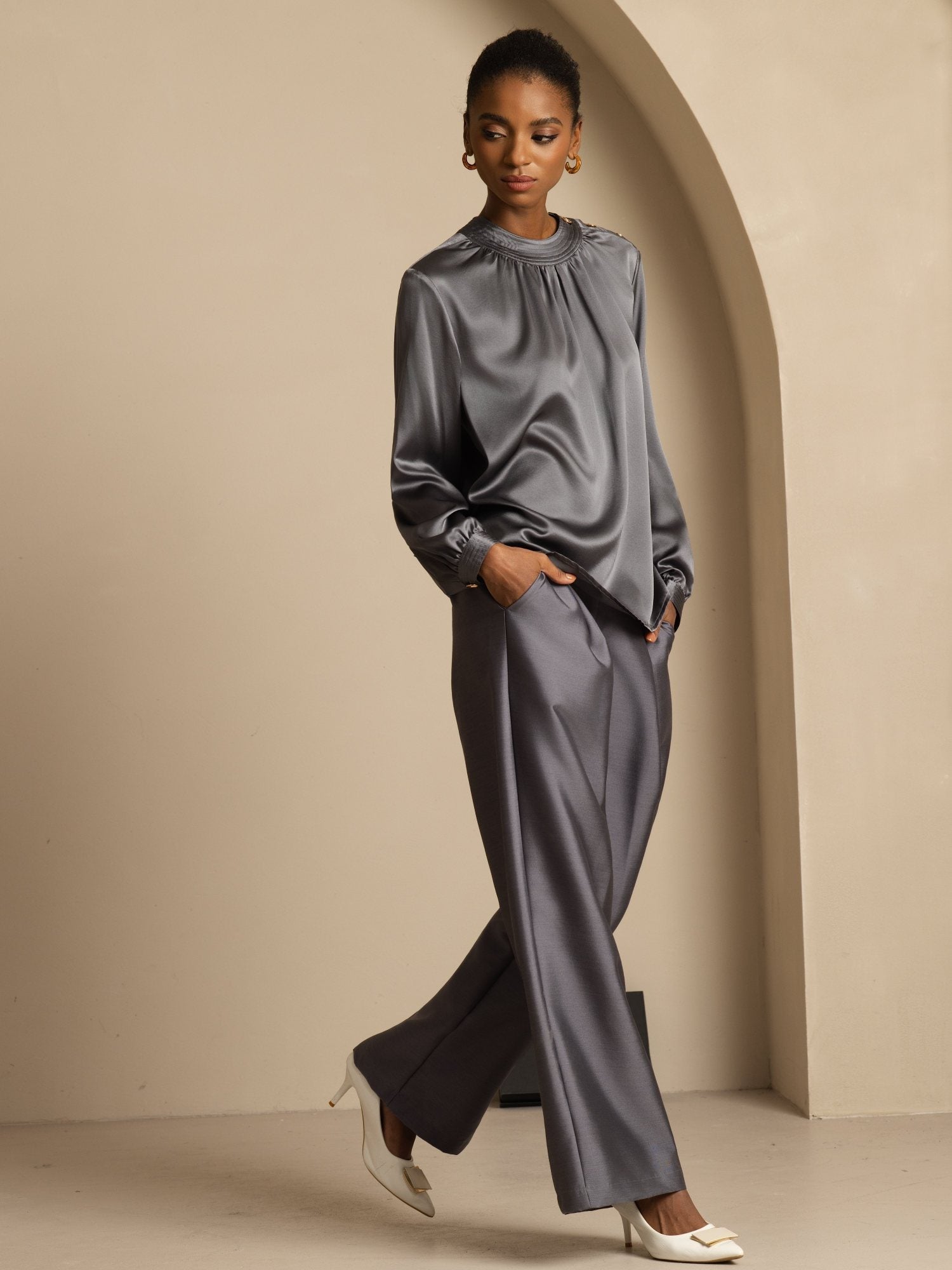 [Mörkgrå] SilkSilky-SE 19Momme Silke Lång Ärm Rund Halsringning Blus 007