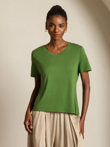 [Grön] SilkSilky-SE Short Sleeve V Neck Dam T-Shirt 008