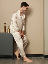 [Tan] SilkSilky-SE Rent Silke Lång Ärm Slag Herr Pyjama 008