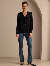 [Svart] SilkSilky-SE Long Sleeve Deep V Neck Damblusar 006