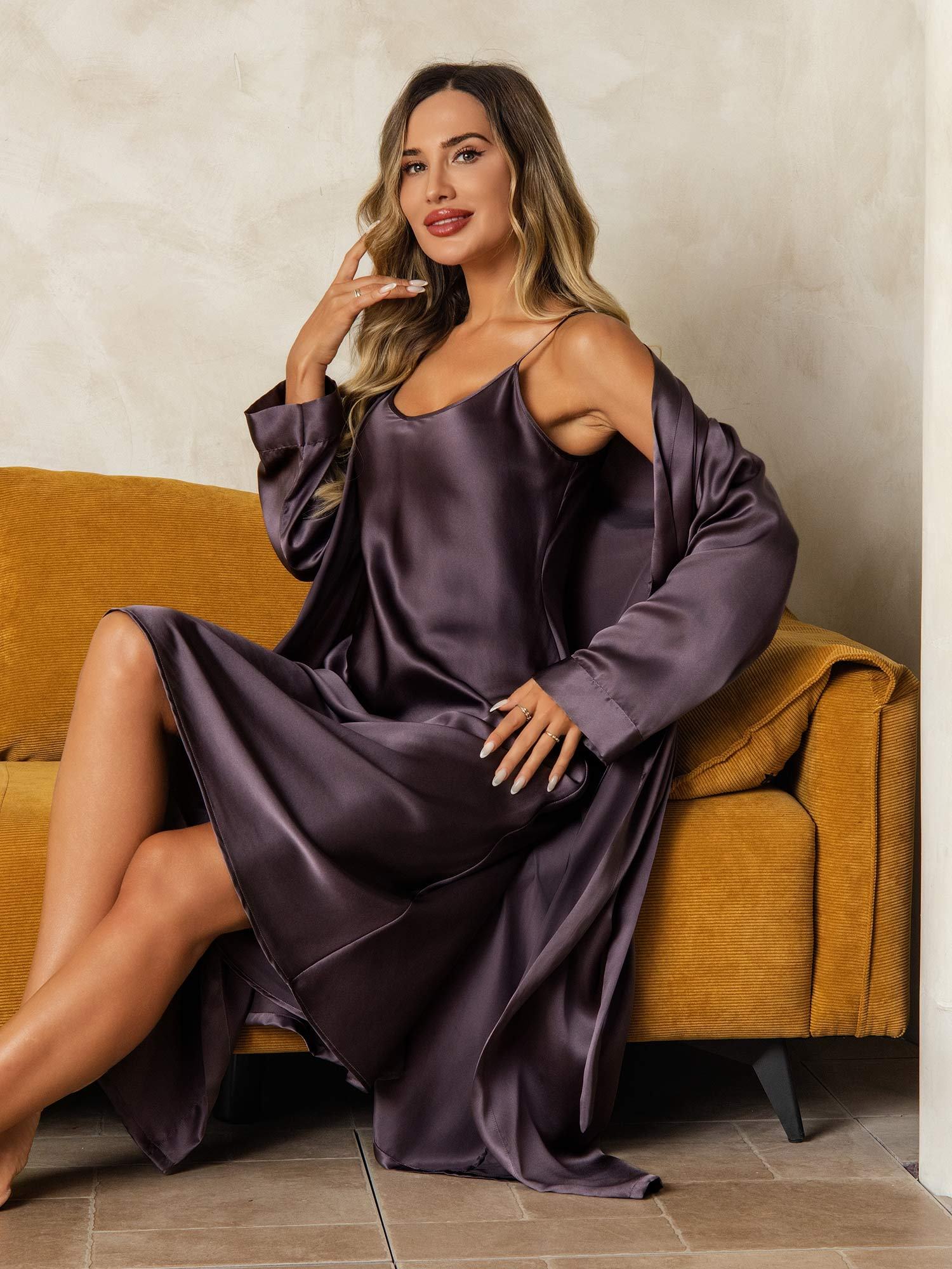 [Lila Grå] SilkSilky-SE Rent Silke Nightgown&Robe Set 006