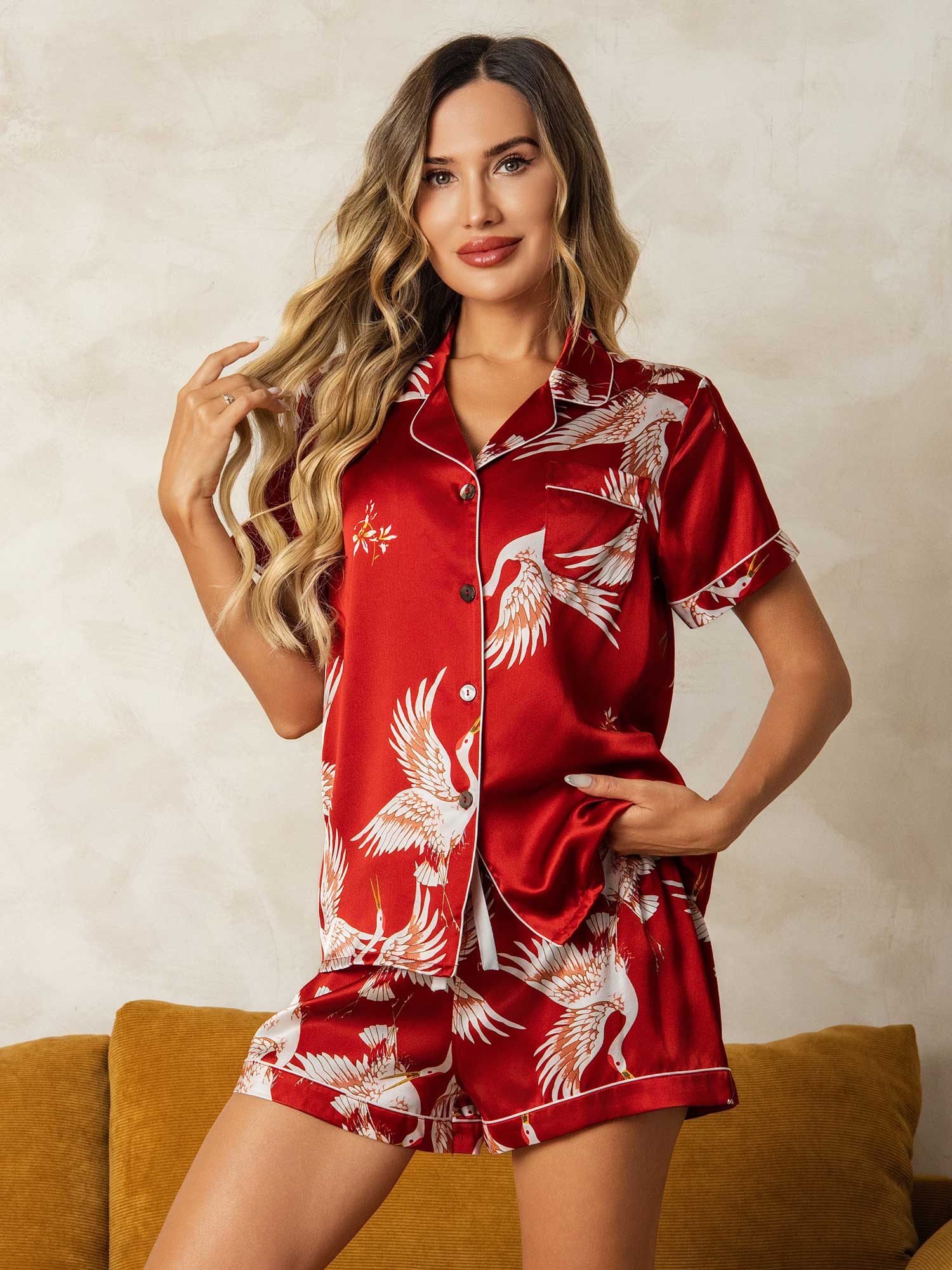 [Mörkröd] SilkSilky-SE 19Momme Rent Silke Kort Ärm Womens Pajamas 003