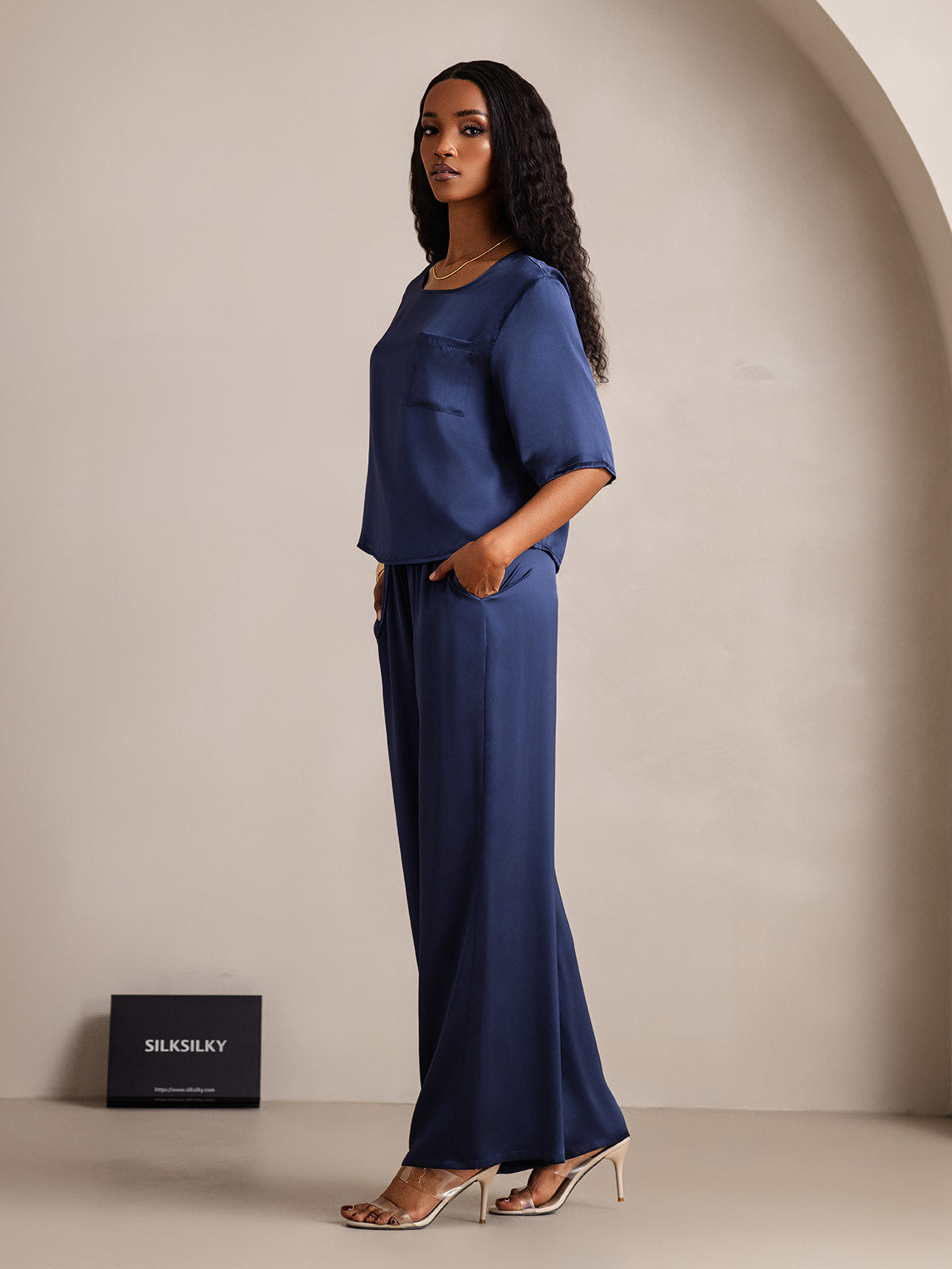 [Mörkblå] SilkSilky-SE Rent Silke Womens Pajamas 004