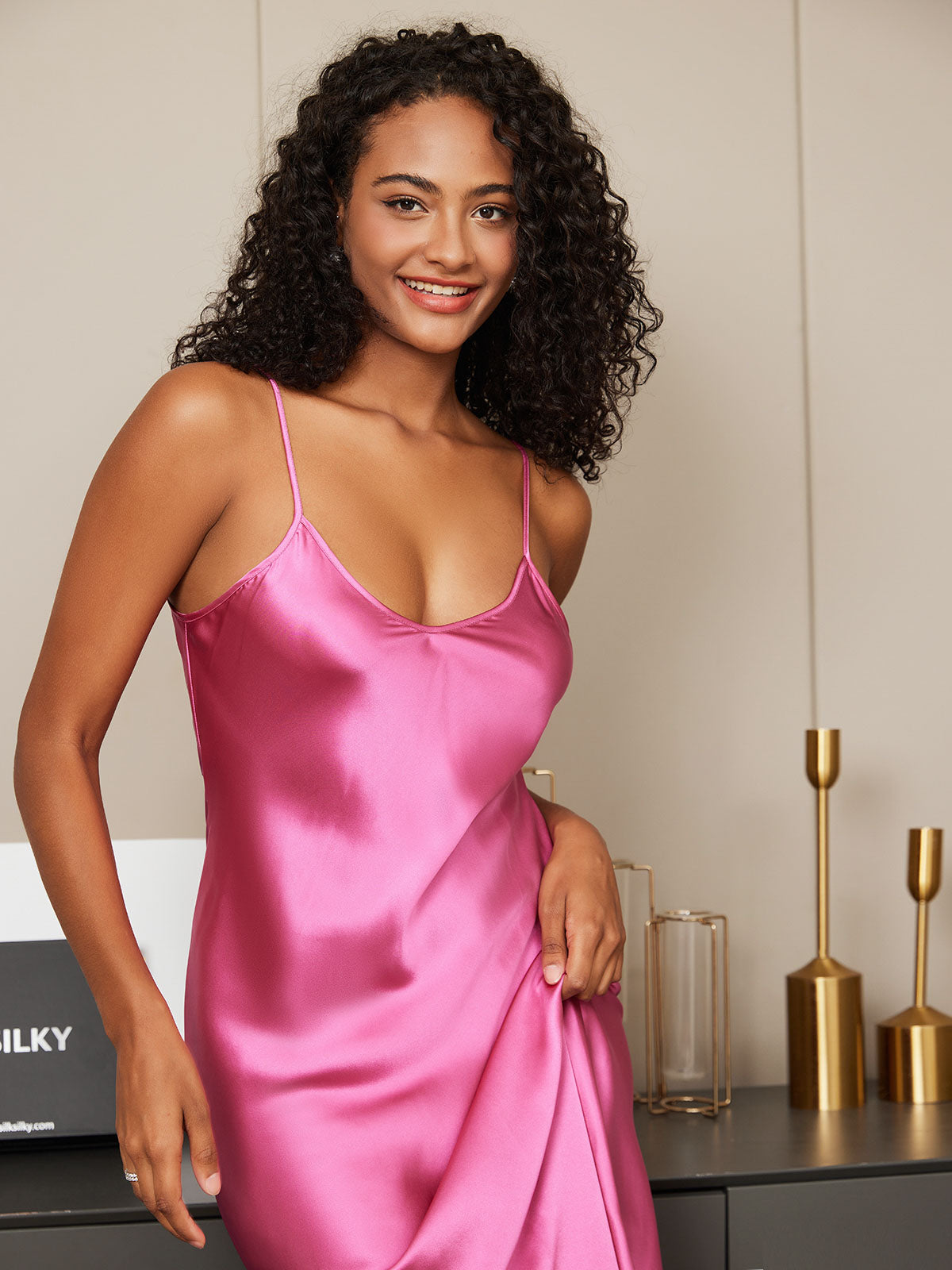 [Rosröd] SilkSilky-SE Rent Silke Nightgown 005
