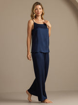 [Mörkblå] SilkSilky-SE 19Momme Spaghetti Rem Djup Rund Halsringning Camisole Set 007