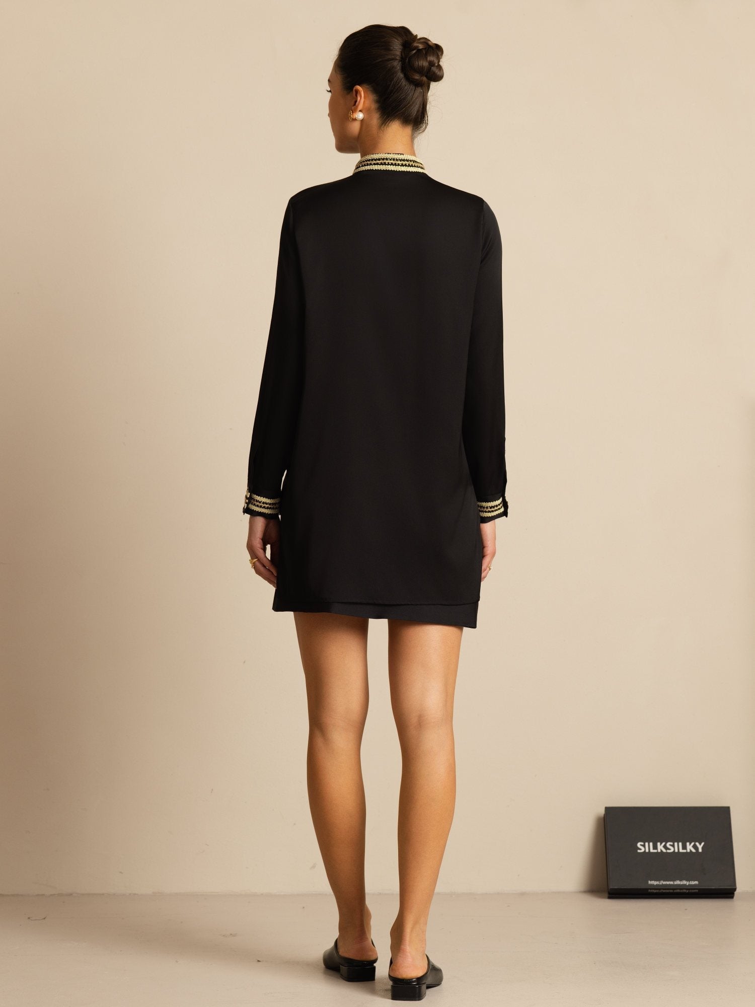 [Svart] SilkSilky-SE 19Momme Silke Lång Ärm Ståkrage Blus 007