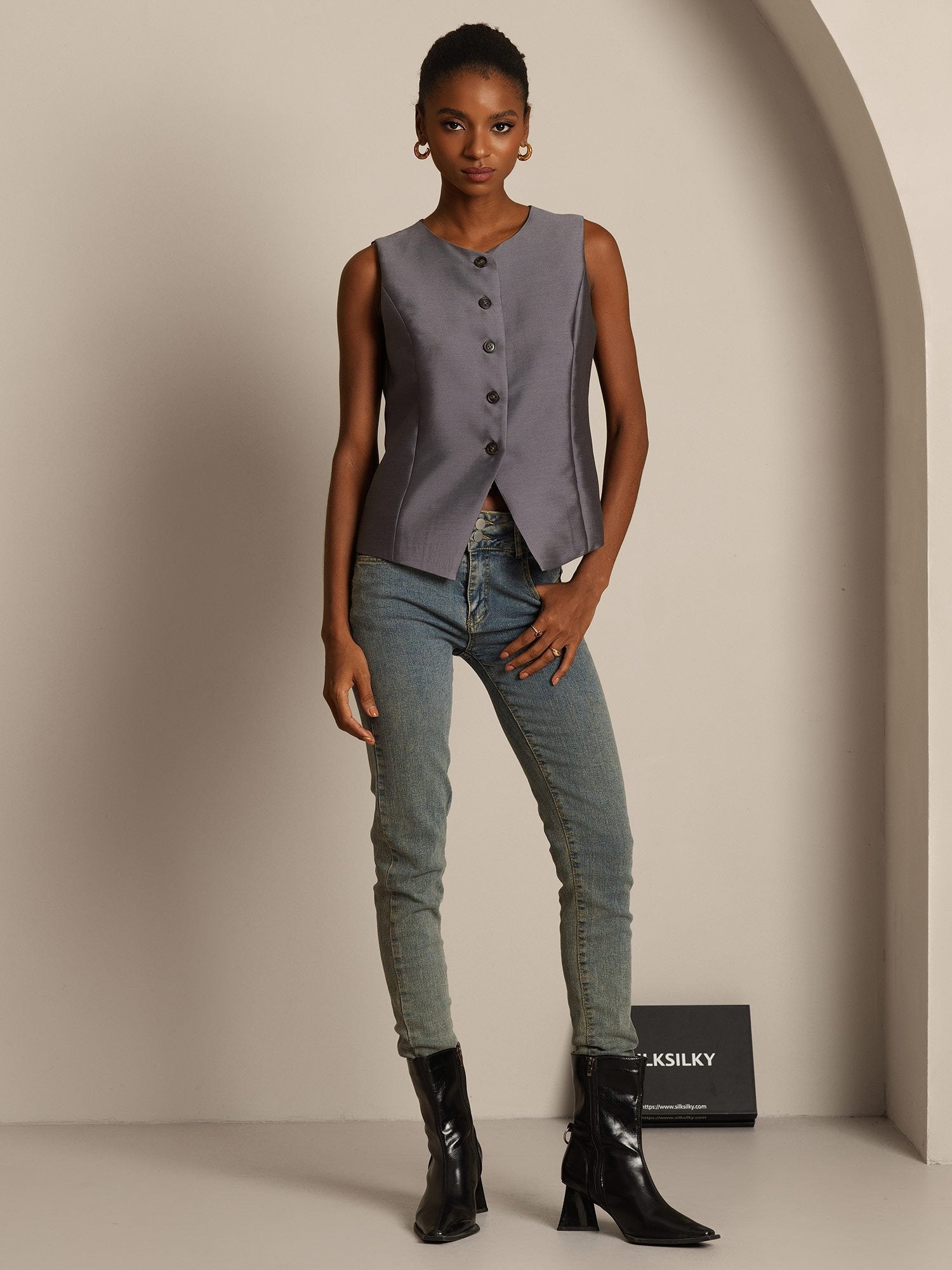 [Grå] SilkSilky-SE 32Momme Silk-Wool Blend Womens Vest 008,