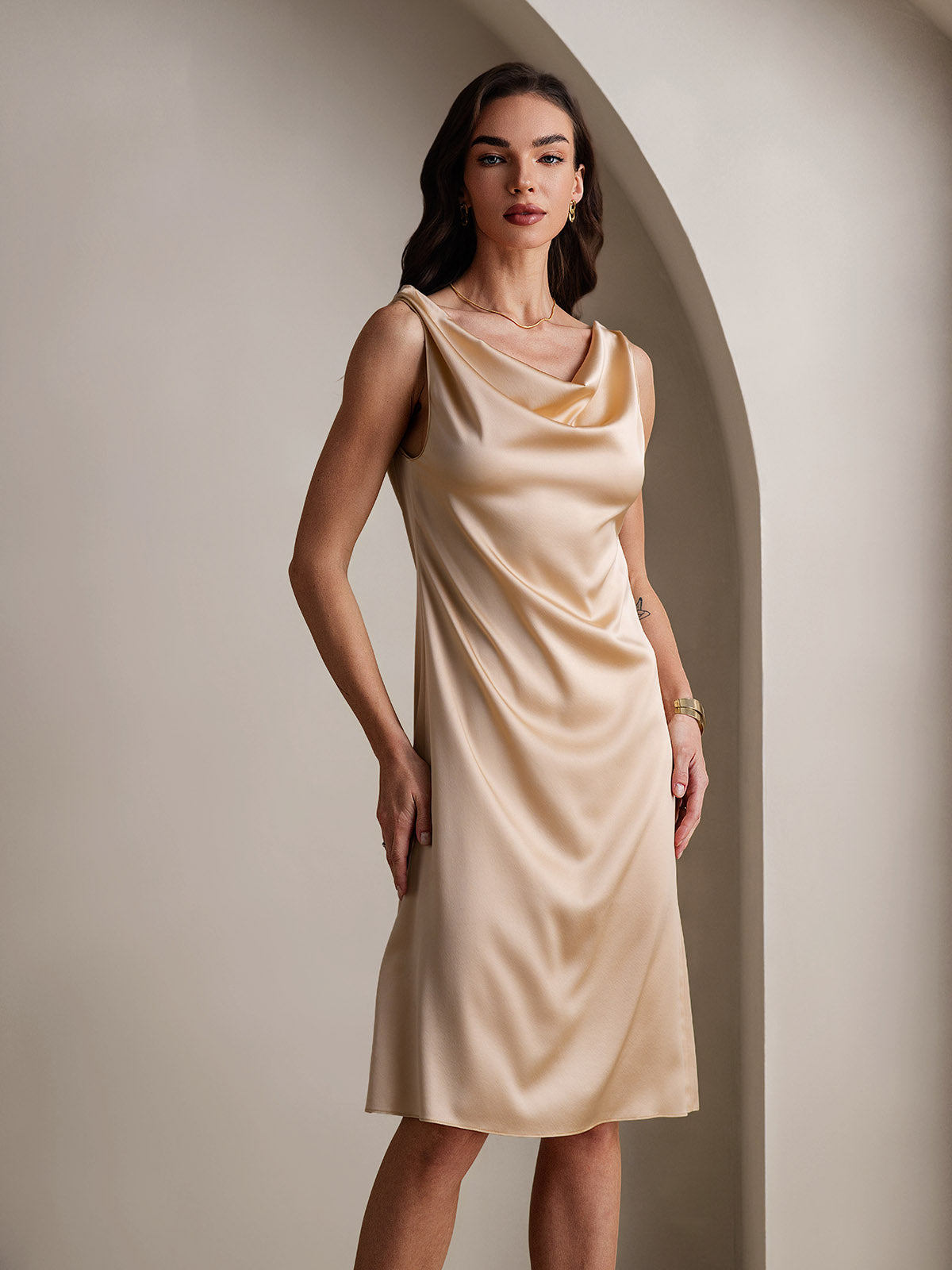 [Champagne] SilkSilky-SE 19Momme Silke Ärmlös Kåpa hals Klänning 003