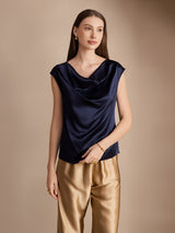 [Mörkblå] SilkSilky-SE Kappärm Cowl Neck Dam T-Shirt 001