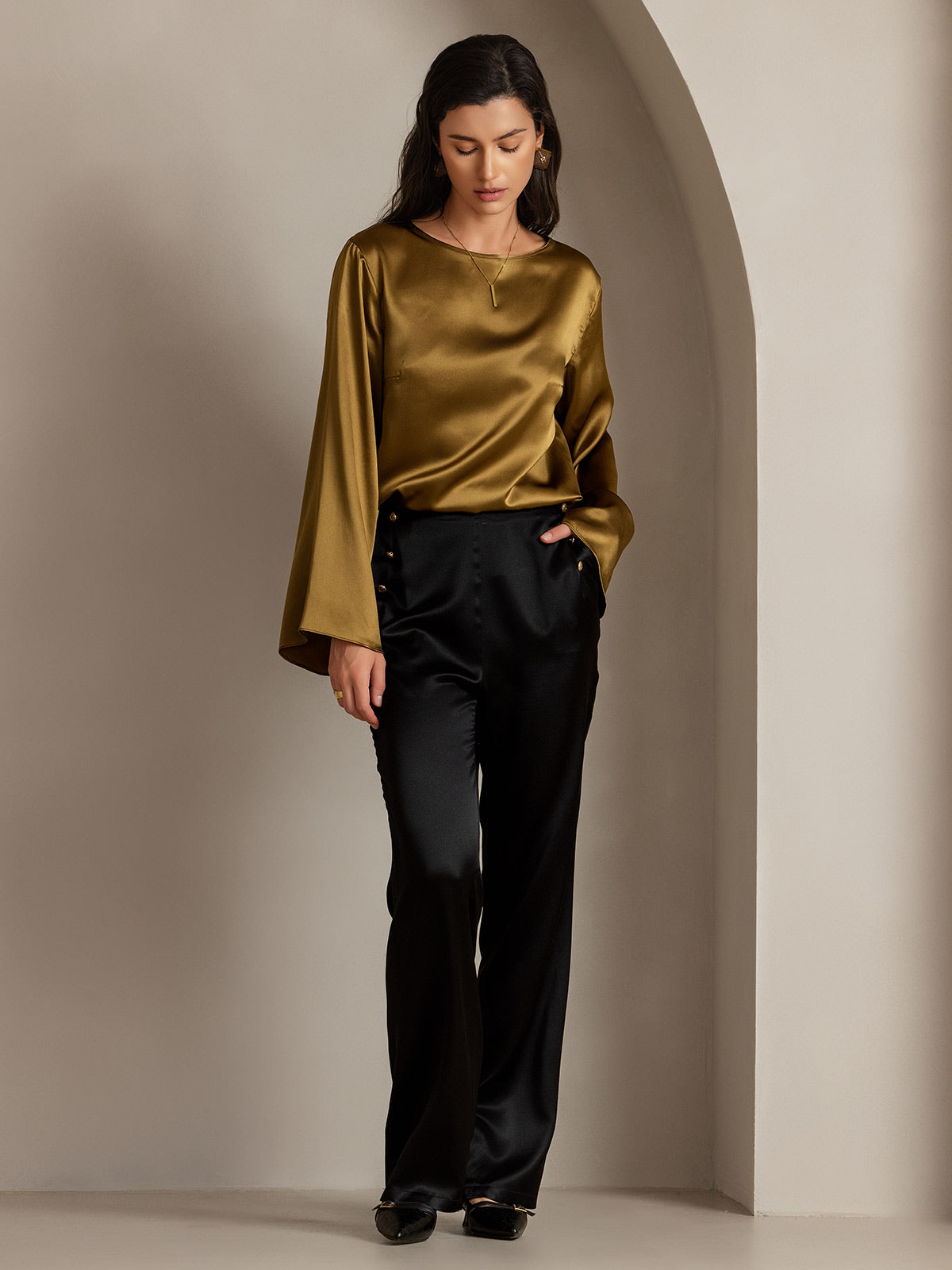 [Svart] SilkSilky-SE 19Momme Silke Womens Pants 007