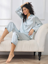 [Ljusblå] SilkSilky-SE Long Sleeve Lapel Collar Dam Pyjama 001