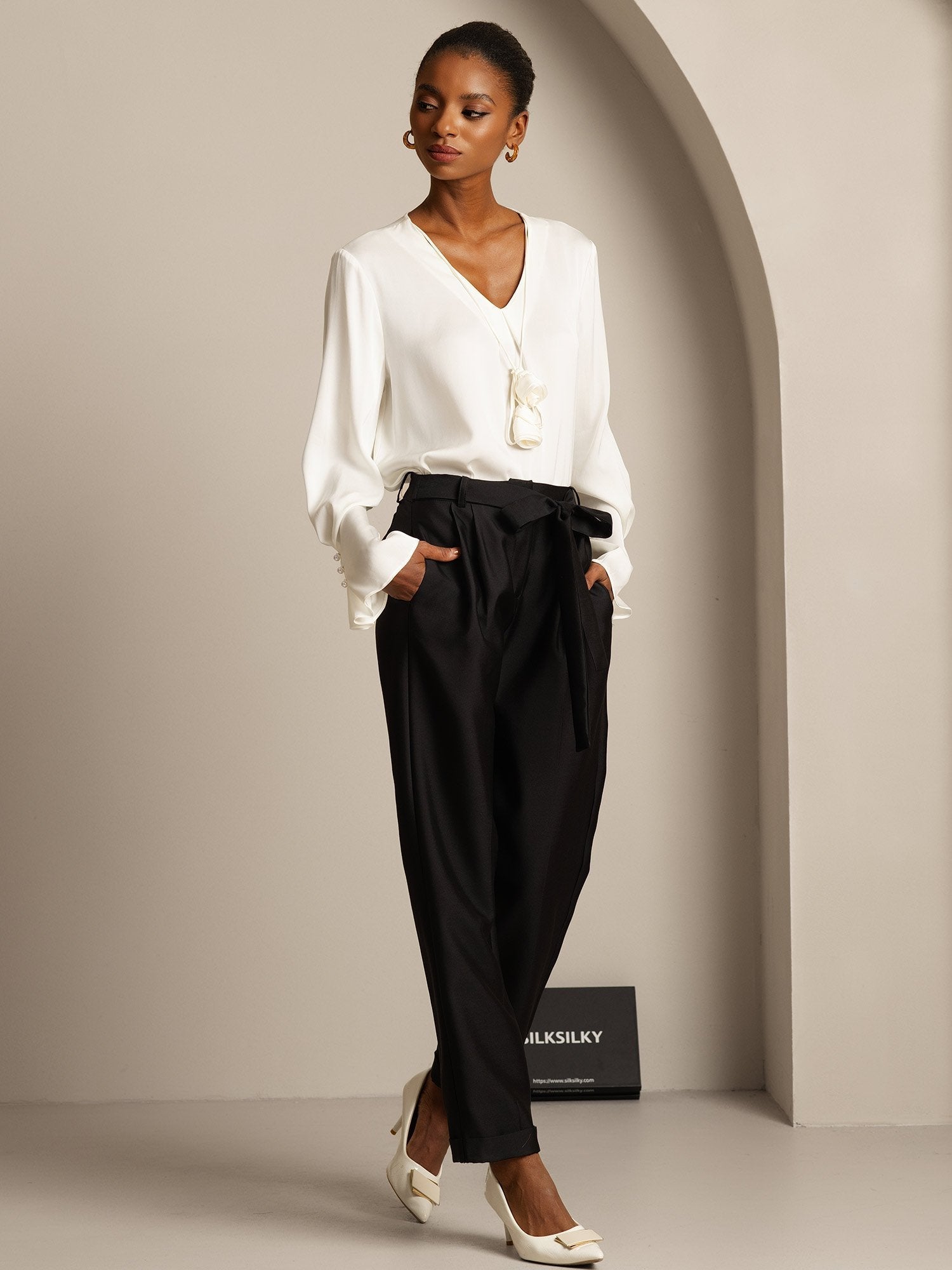 [Svart] SilkSilky-SE 32Momme Silk-Wool Blend Womens Pants 005,