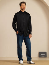 [Svart] SilkSilky-SE Long Sleeve Stand Collar Herrskjorta 008