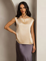 [Champagne] SilkSilky-SE 19Momme Kappärm Rund Halsringning Dam T-Shirt 001