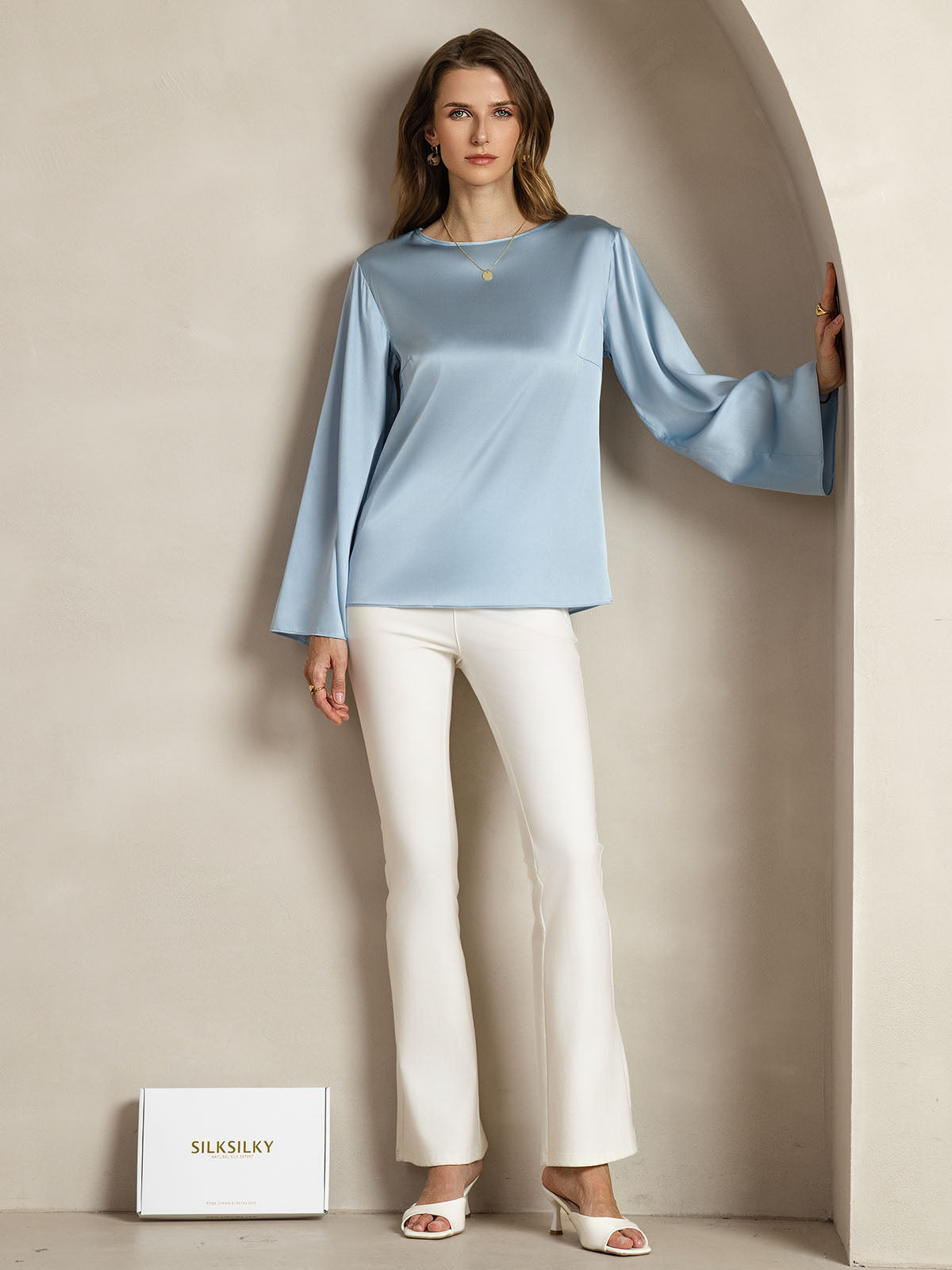 [Gråblå] SilkSilky-SE 19Momme Silke Womens T-Shirt 003