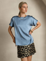 [Gråblå] SilkSilky-SE 19Momme Kort Ärm Båtringad Dam T-Shirt 004