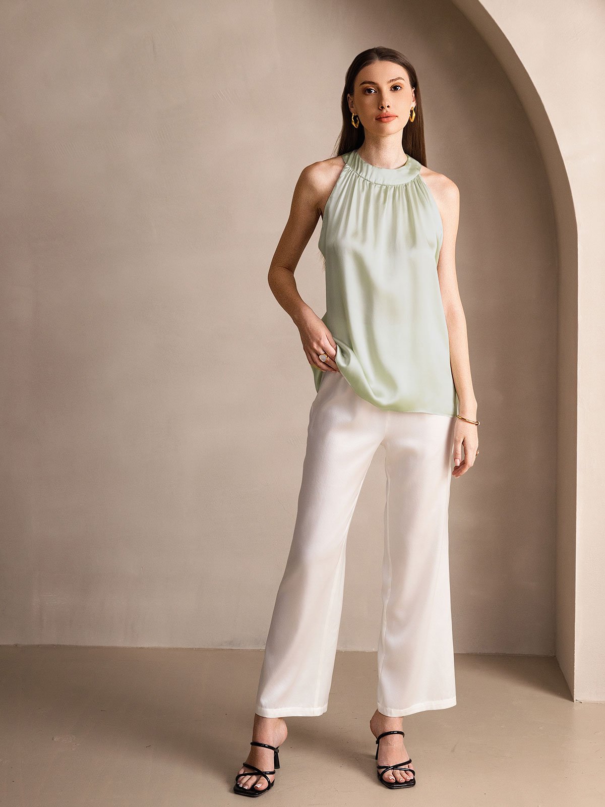 [Ljusgrön] SilkSilky-SE 19Momme Silke Womens T-Shirt 005