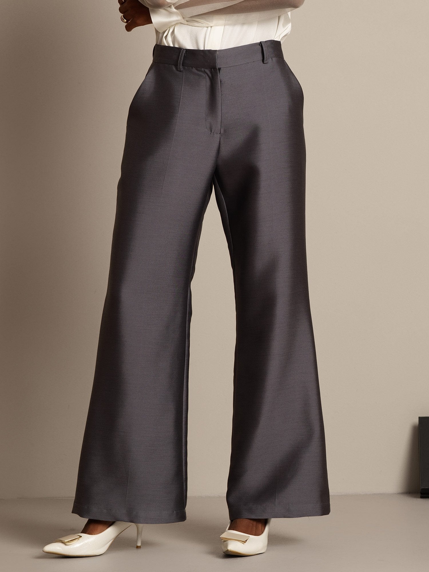 [Grå] SilkSilky-SE 32Momme Silk-Wool Blend Womens Pants 007,