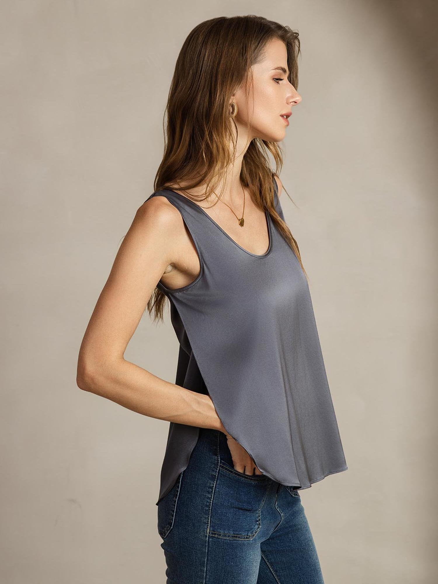 [Mörkgrå] SilkSilky-SE 19Momme Silke Womens T-Shirt 004