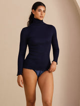 [Mörkblå] SilkSilky-SE Long Sleeve Turtle Neck Dam T-Shirt 004