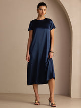 [Mörkblå] SilkSilky-SE Short Sleeve Round Neck Klänning 003
