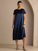 [Mörkblå] SilkSilky-SE Short Sleeve Crew Neck Klänning 003