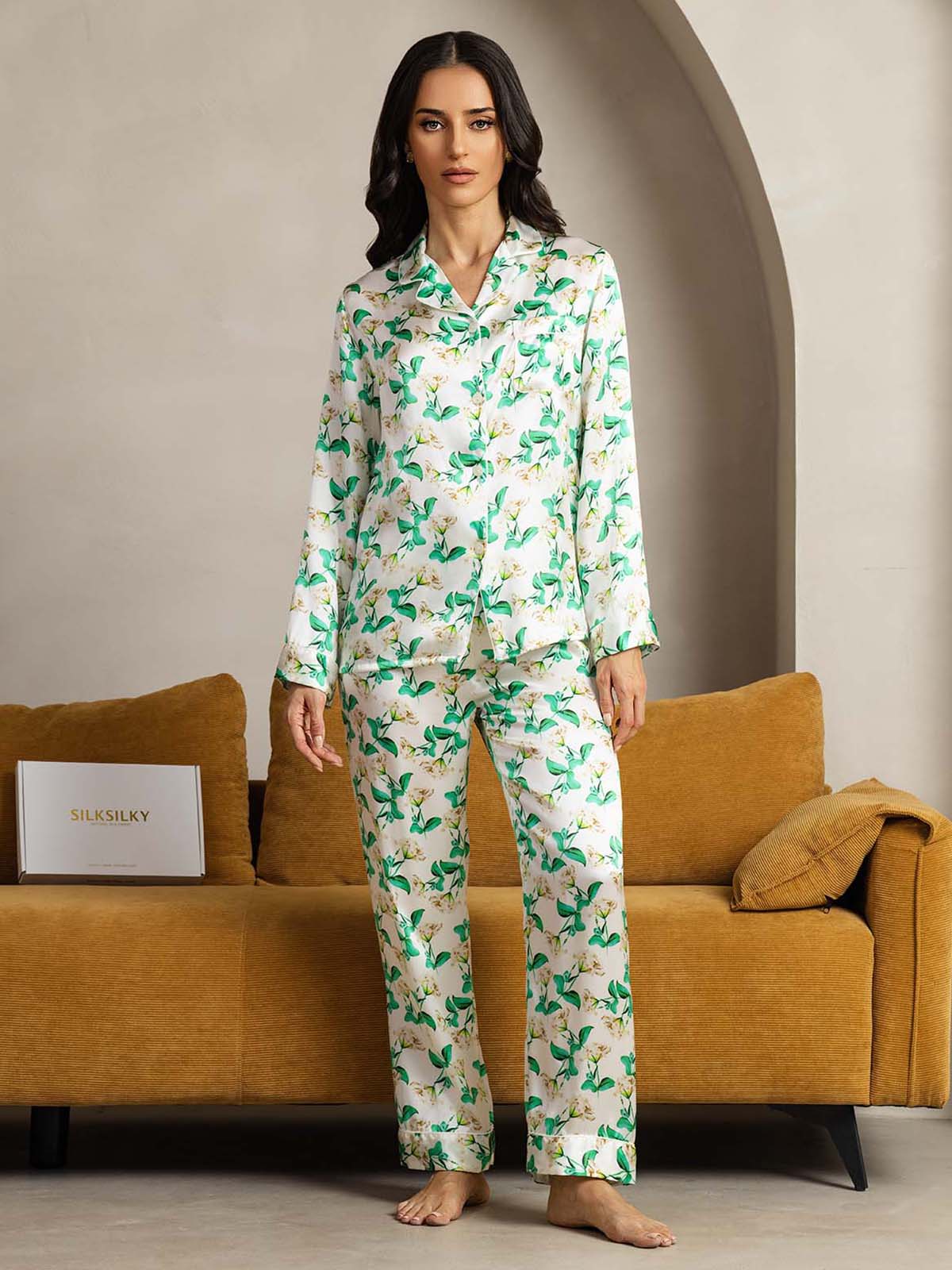 [Grön Blommor] SilkSilky-SE Rent Silke Womens Pajamas 006