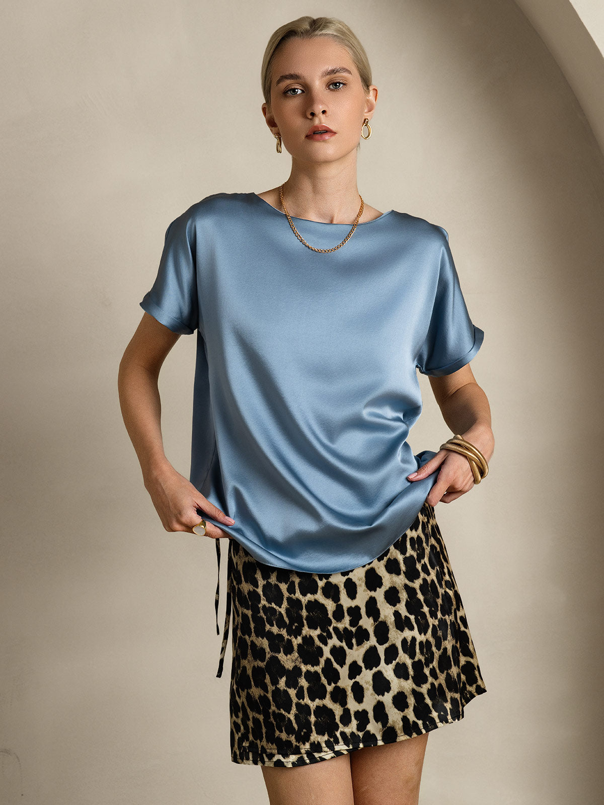 [Gråblå] SilkSilky-SE 19Momme Silke Womens T-Shirt 001