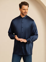 [Mörkblå] SilkSilky-SE Long Sleeve Stand Collar Herrskjorta 005
